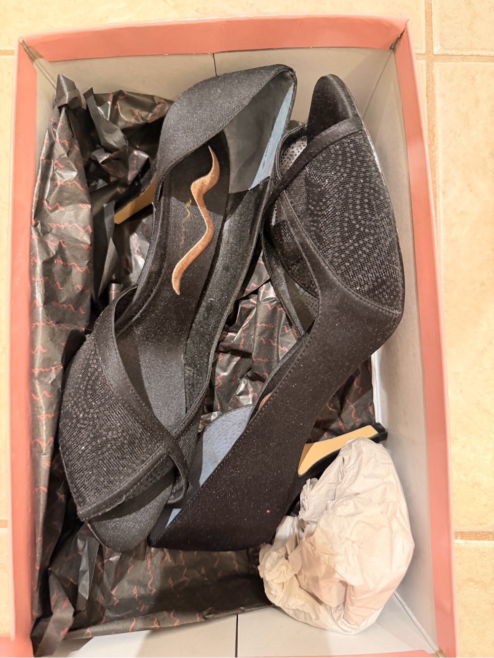 •NINA• “Farica-LS” Black Sparkle Mesh Peep Toe Pumps >> sz 6 1/2